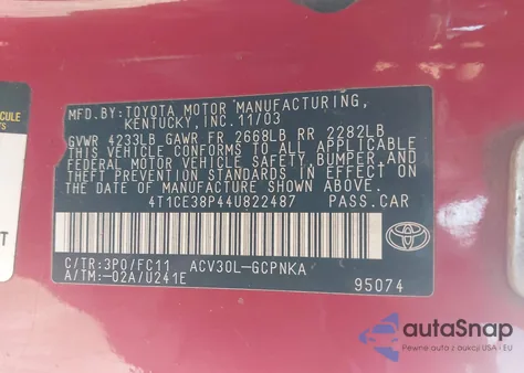 2004 Toyota Camry Solara Se Sport z USA, uszkodzony, nr VIN 4T1CE38P44U822487